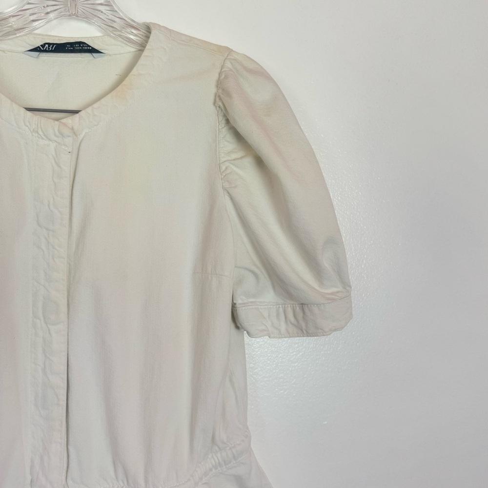 Zara White Denim Puff Sleeve Romper Snap Front Drawstring Waist Size Medium - Picture 3 of 5